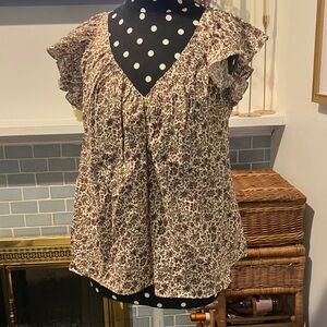 Rebecca Taylor Floral Ruffle Sleeve Blouse - Cream and Brown